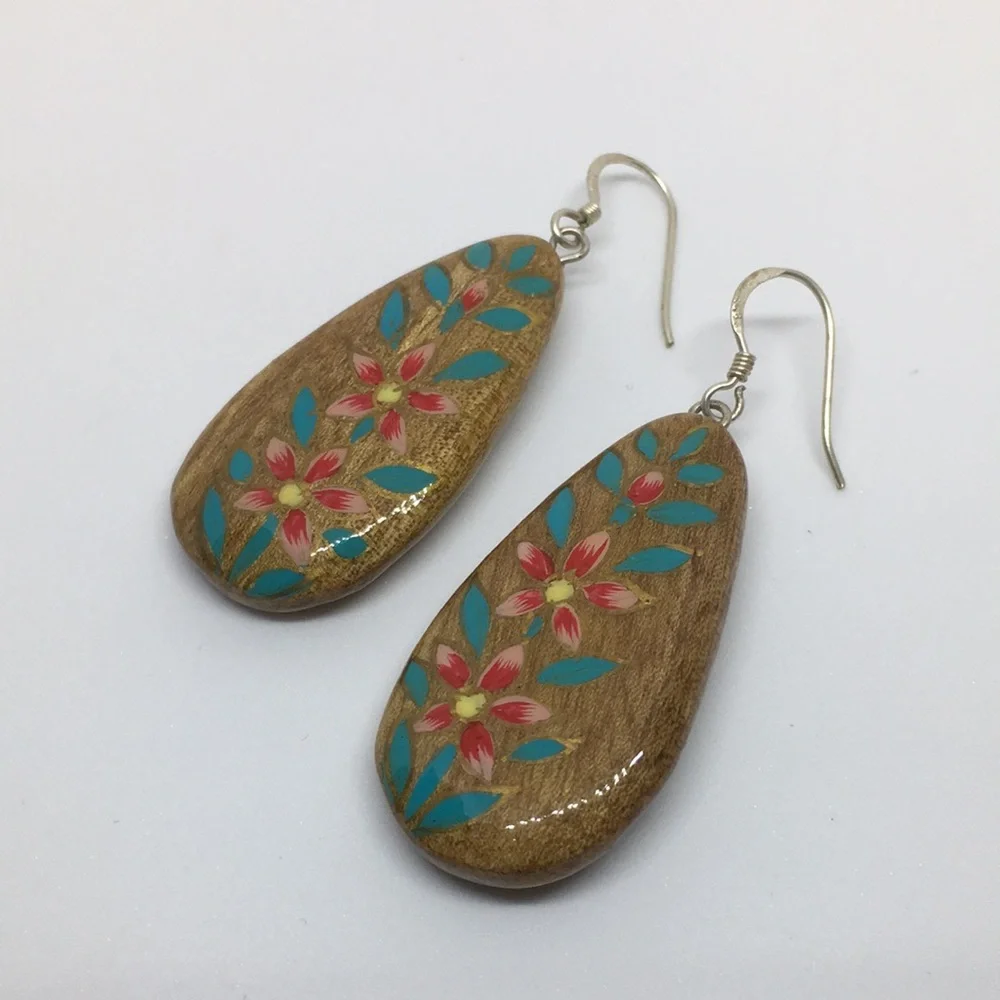Hand Painted Walnut Wood Sterling Silver Teardrop Earrings Turquoise Pink Floral - Picture 1 of 8